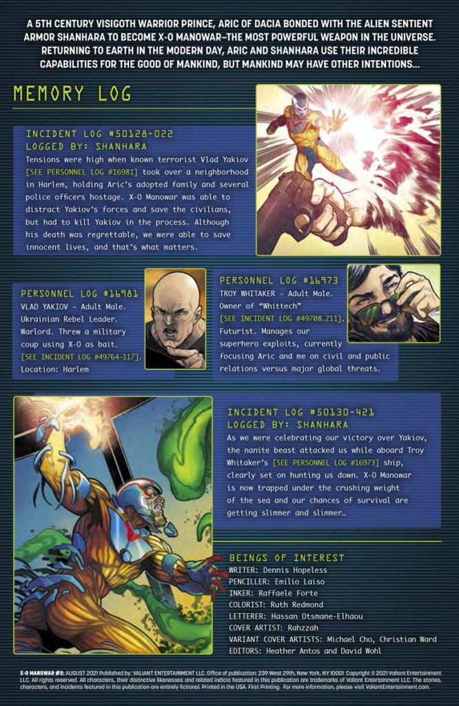 X-O Manowar #5 recap page