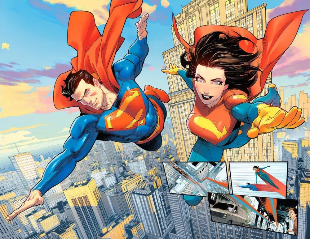 Superman and Superwoman fly together